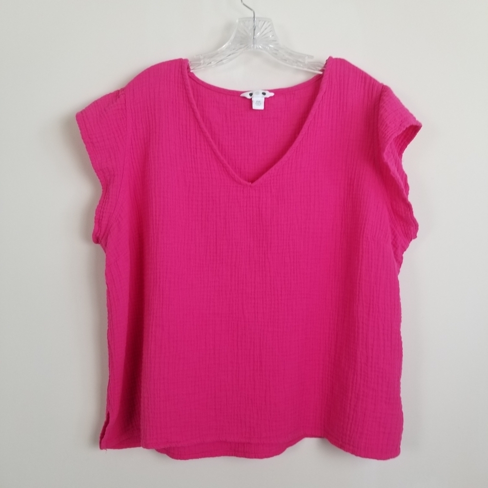Three Dots Textured Flutter Sleeve V Neck Top XXL